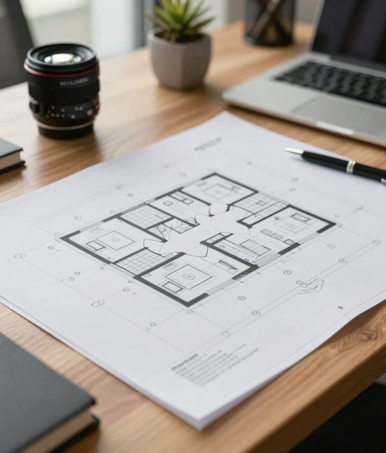 A detailed close-up shot of professional architectural plans laid out on a clean wooden desk in a bright North American office environment, showcasing high-end stationery and an organized workspace.