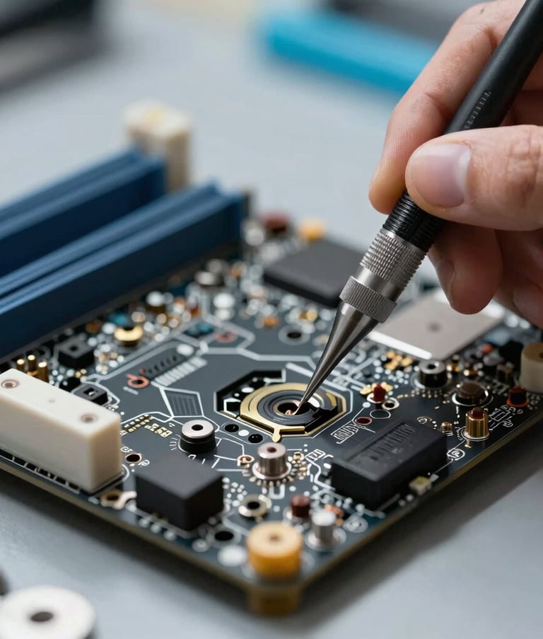 A macro photograph of a computer motherboard being carefully repaired with high-precision tools in a European workshop. The lighting is focused and clean, highlighting technical expertise. The background includes soft grey and light blue hues.