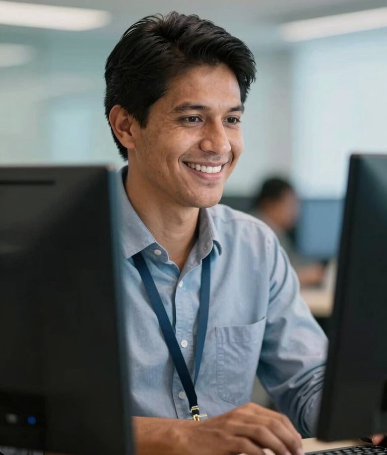 A close-up of a professional worker in a South American office setting, smiling while looking at a computer screen, blurred background of a modern workspace with light blue accents, soft and welcoming lighting.