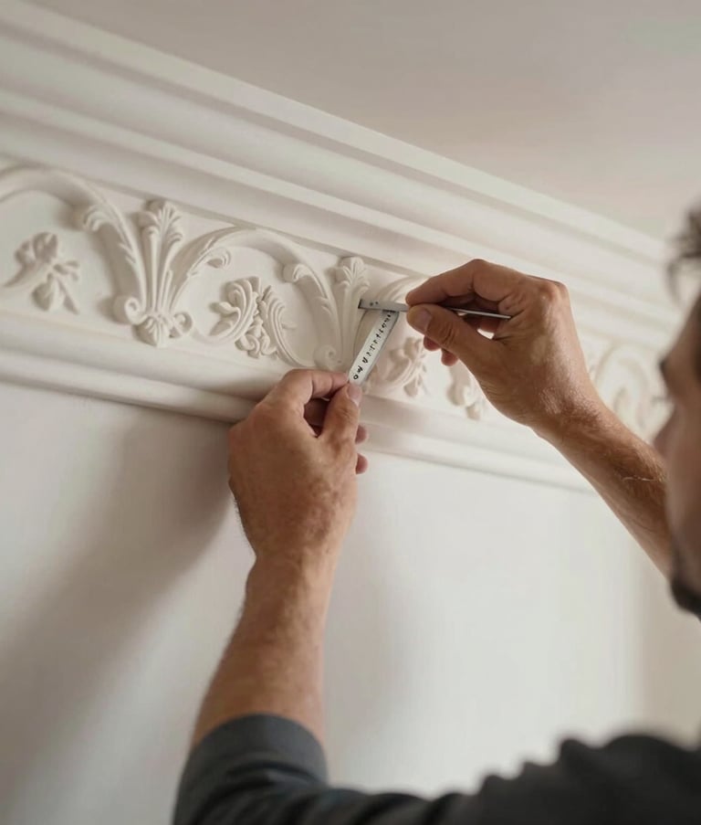 A close-up of a skilled artisan in Southern European workwear meticulously finishing a decorative gypsum cornice in a high-end apartment, soft natural light, focused and professional atmosphere.