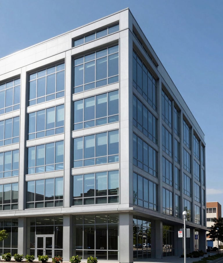 A crisp, exterior shot of a contemporary glass-and-steel commercial building in a North American / US suburban setting, clean lines, under a clear blue sky, emphasizing a modern corporate presence.