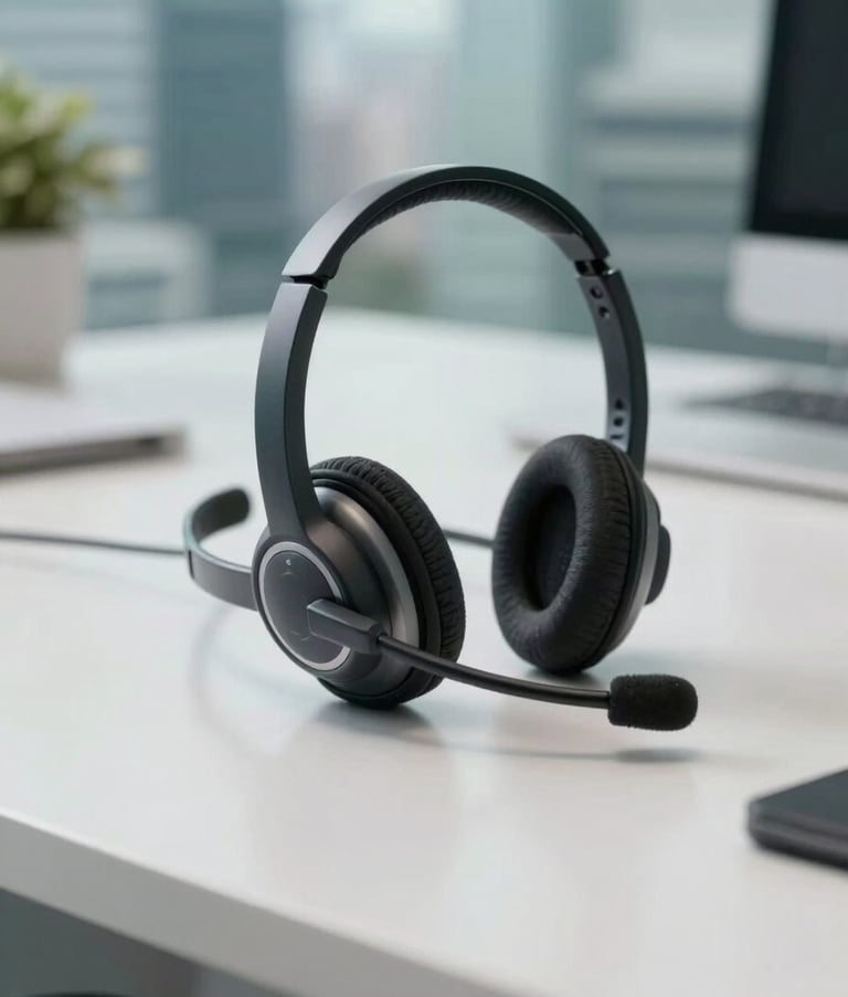 Close-up of a high-quality professional tele-attendant headset resting on a clean, modern desk in a South American business district. Muted teal accents, professional soft lighting, clean composition.