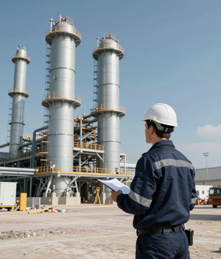A professional engineer in Western European attire supervising a large-scale industrial infrastructure rollout. The setting is a clean industrial site under a clear sky. The image features navy and light blue-grey tones.