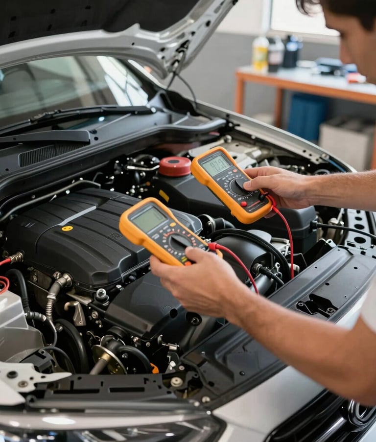 Detailed photography of a modern car engine bay being inspected with a digital multimeter by a specialist in a Brazilian service center. Bright, clear lighting and a clean, organized workspace.