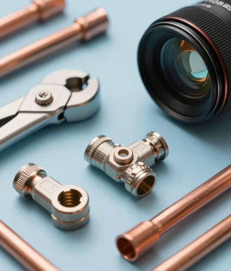 A close-up photograph of high-quality plumbing tools and copper pipes laid out on a clean light blue surface. Sharp focus, professional lighting, representing technical expertise.
