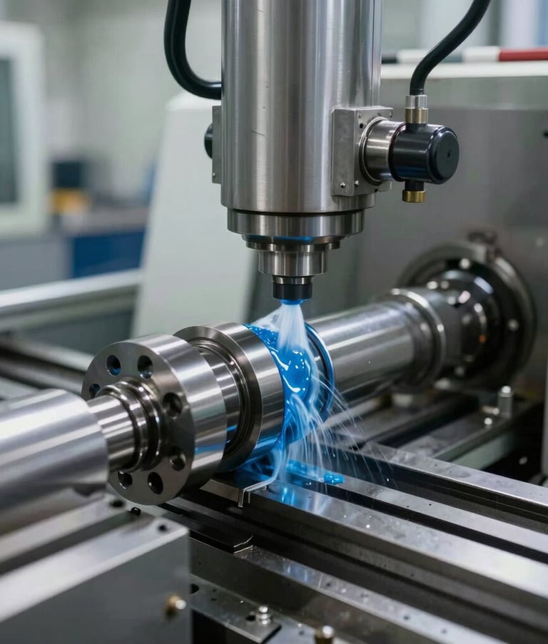 A high-precision industrial lathe machine in action, steel blue coolant spraying on a metallic part, clean and modern workshop environment in South America, professional and sharp focus.