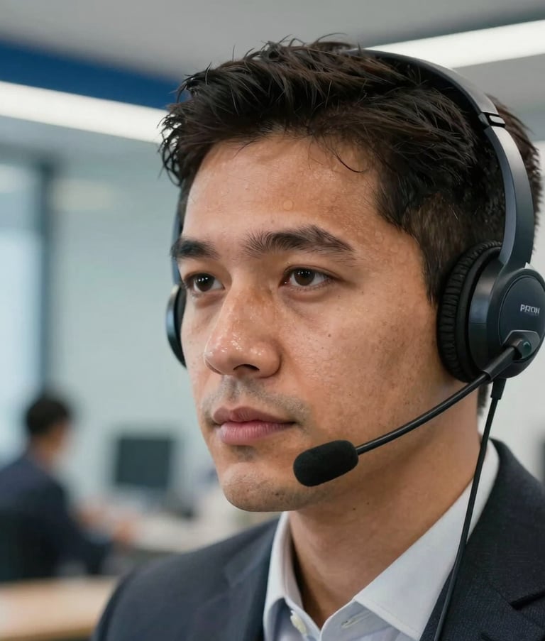 Close-up portrait of a professional in a South American business environment, wearing a high-quality telecommunications headset. The person has a focused and efficient expression. The background is a blurred modern office in Brazil with steel blue accents. Professional lighting, crisp high-end photography.