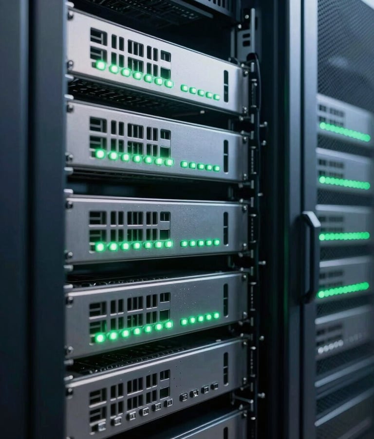 A close-up photograph of high-tech server racks in a modern data center in South America. The lighting is a mix of cool Medium Navy and crisp Spring Green LEDs reflecting off polished metal surfaces, conveying security and advanced infrastructure.