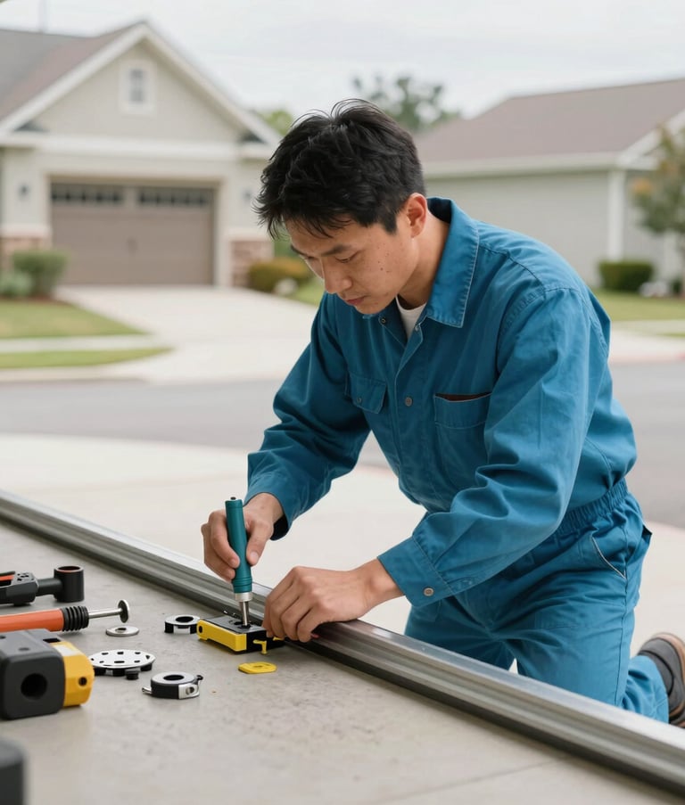 A professional technician in a clean Teal Blue uniform efficiently repairing a garage door track in a bright North American suburban garage. Modern tools and high-quality parts are visible, conveying expertise and reliability.
