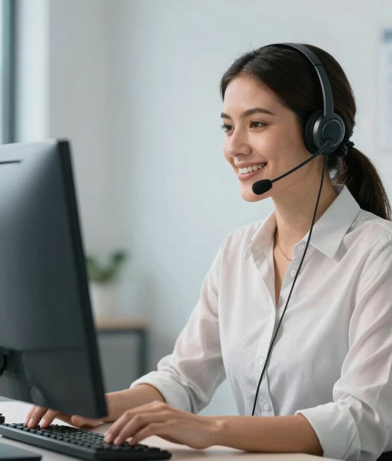 A professional South American customer service representative wearing a modern headset, smiling and looking at a computer monitor, bright and clean office setting with accents of light blue-grey, professional lighting.