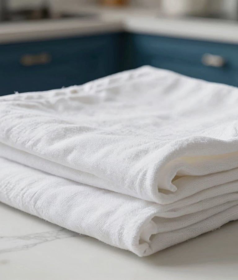 Close-up macro photography of fresh, crisp white linens being expertly folded. Soft daylight from the Mediterranean coast catches the texture of the fabric. The background is a clean, modern workspace with subtle navy and aqua blue tones.
