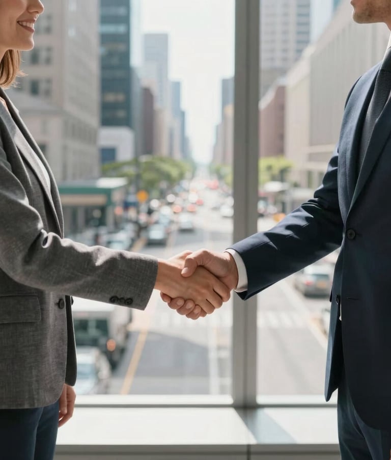 A professional greeting scene in a corporate North American setting. Two people in business casual attire shaking hands in front of a floor-to-ceiling window overlooking a bustling city street during a bright afternoon.