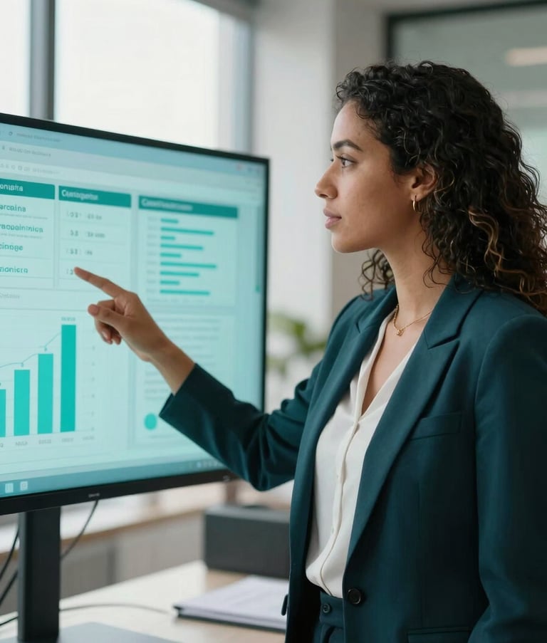 Photography of a young South American / Brazilian professional woman confidently presenting strategies in a modern, sunlit office. She is pointing at a screen showing social media engagement metrics. The style is authoritative and clean, with a palette of dark teal and light teal.