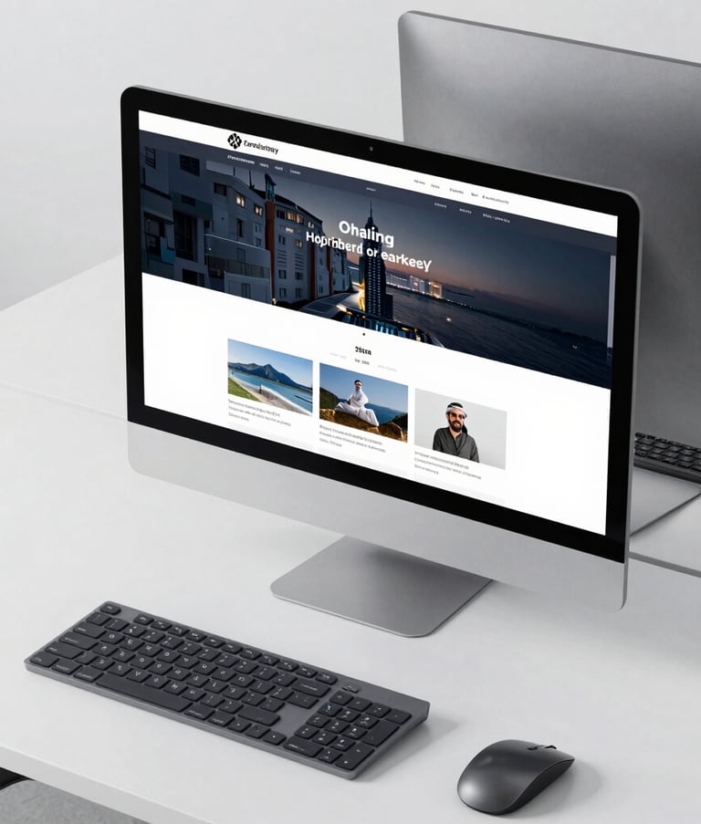 A sharp, high-angle photograph of a modern tech workstation in a clean Middle Eastern office. A large desktop monitor displays a sophisticated, modern website design. The lighting is crisp, and the setting features premium dark grey and white materials.