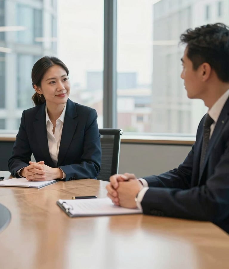 A professional and sophisticated meeting in a high-end Mayfair office in London, United Kingdom. Two individuals in formal business attire are seated in a bright, modern boardroom, reflecting a client-centric atmosphere and trustworthiness.