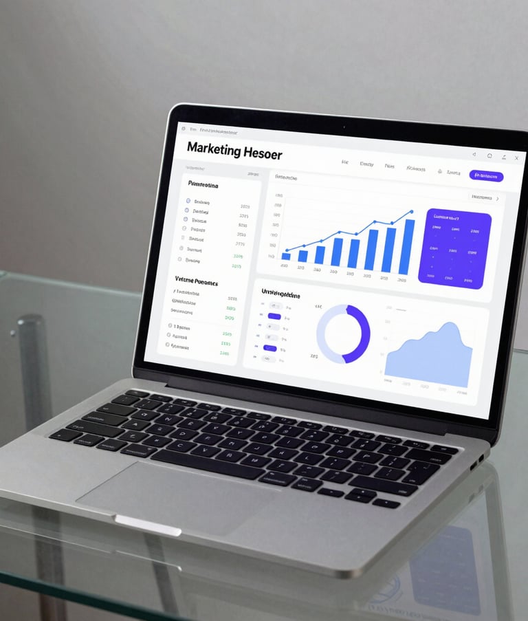 A sleek, modern photography of a laptop on a glass desk displaying a professional marketing analytics dashboard with soft blue and purple data visualizations, minimalist South Asian workspace.