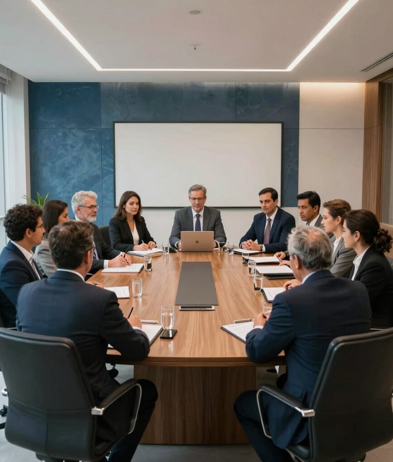 A wide-angle shot of a modern boardroom in a Brazilian metropolis. A group of professionals in business attire is seen in a collaborative meeting. The environment is organized and clean, featuring slate blue and white decorative accents.