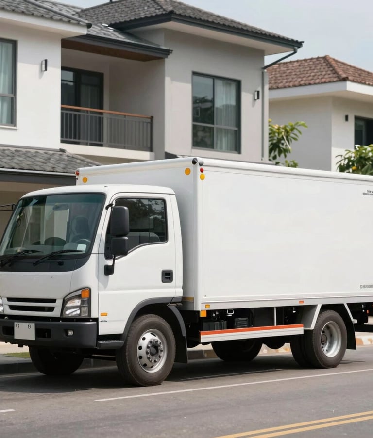 A wide-angle shot of a clean, professional-grade Malabanan service truck parked on a modern residential street in the Philippines. The truck features clean branding, and a Southeast Asian professional is standing nearby, ready for work under bright, natural daylight.