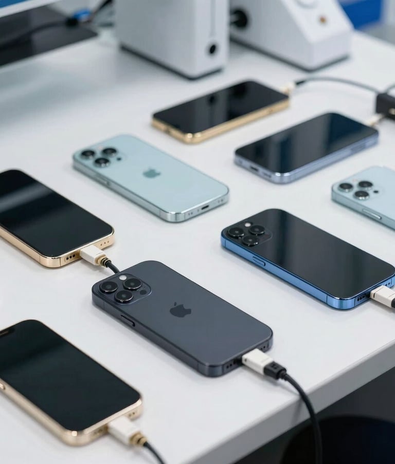 A close-up photograph of multiple high-end mobile smartphones neatly arranged on a clean white technical workbench, connected to testing cables in a professional Global laboratory setting. Bright, even lighting.