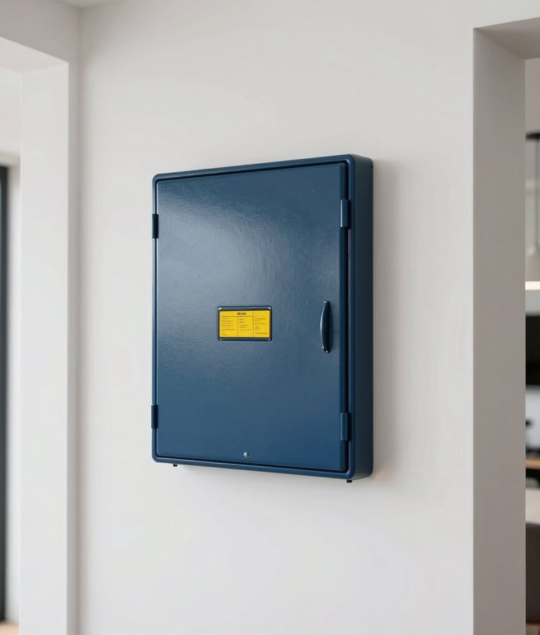 Interior photography of a modern Auckland home, featuring a clean white wall with a newly installed navy blue electrical control board and electric yellow labels, professional architectural composition, bright and airy lighting.