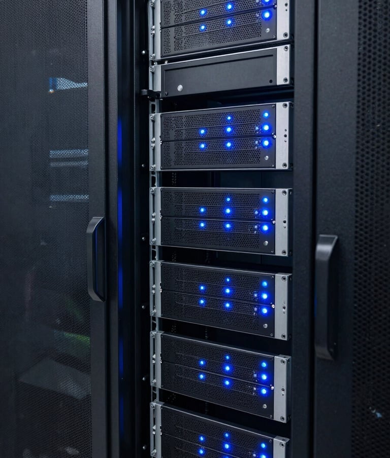 A professional IT server room in Brazil with glowing Sky Blue LED indicator lights on modern equipment racks. The composition is sleek and technical, reflecting high-end tele-attendance infrastructure. Professional photography, sharp focus.