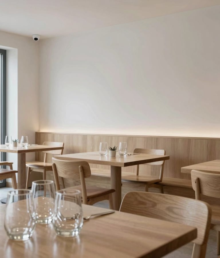A wide shot of a modern Scandinavian-style restaurant in a Portuguese urban setting. The interior features clean minimalist lines, light wood furniture, and crisp parchment walls. In the foreground, dry glassware is perfectly arranged, reflecting a serene and moisture-free environment.