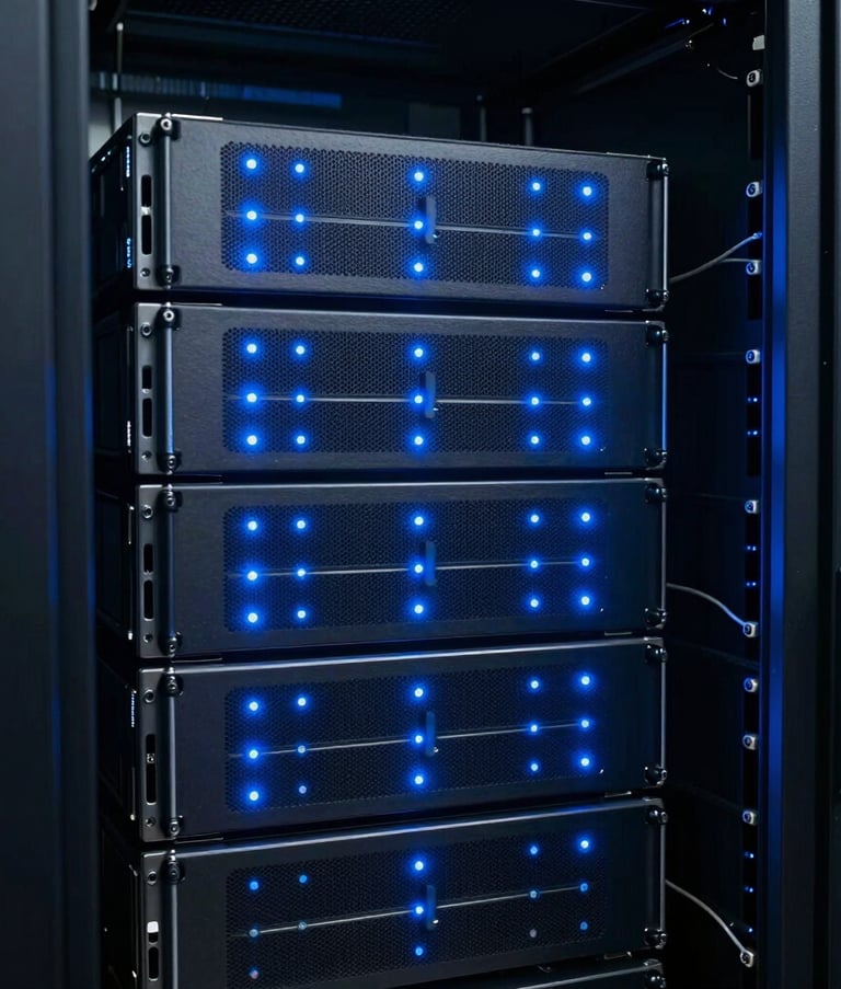 Close-up of a high-tech server room in an international data center. Blinking blue led lights on dark metal racks create a sleek and futuristic atmosphere. Palette features navy and muted blue tones.