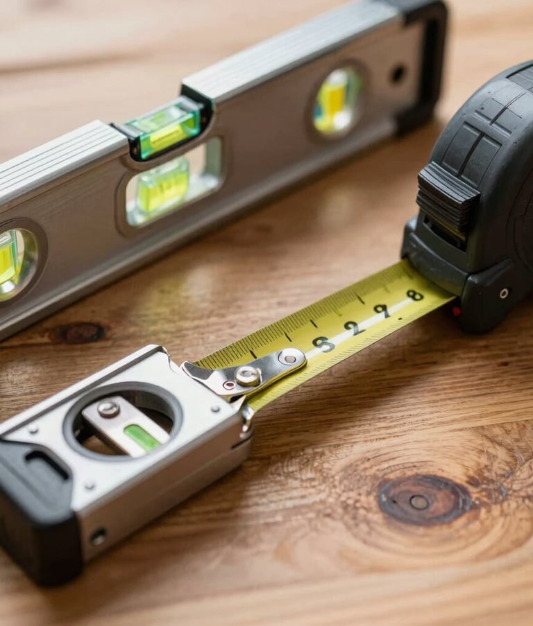 Macro photography of professional grade handyman tools including a level and a tape measure on a polished wooden surface. Bright lighting highlighting the metallic textures and charcoal gray finishes.