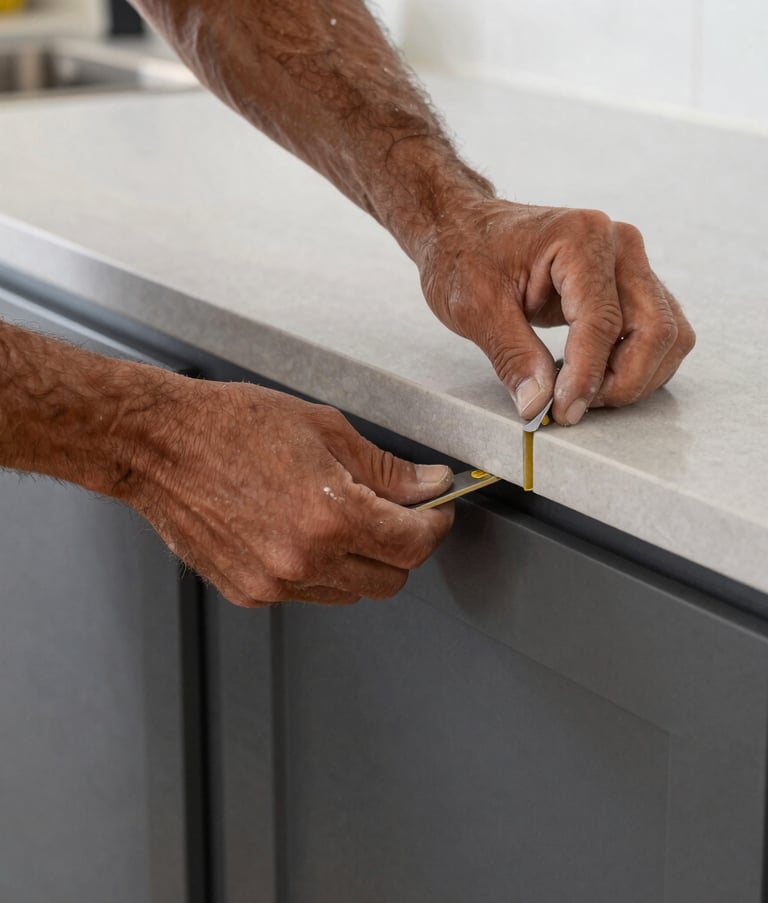 Close-up of a worker's hands expertly installing a heavy countertop onto dark gray kitchen cabinets. Bright, practical lighting showing the grit and skill of construction work in a North American / US (Los Angeles) home.