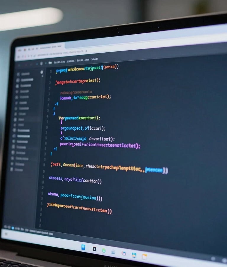 A close-up photograph of clean computer code on a high-resolution screen in a modern North American tech hub, soft bokeh background, slate blue and light blue ambient lighting, professional atmosphere.