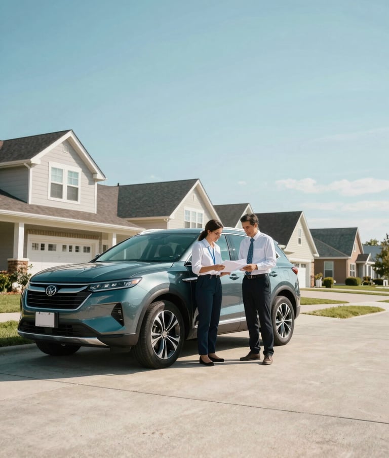 A wide shot of a bright North American suburban driveway during a clear day. Two people stand beside a parked modern SUV, reviewing paperwork in a professional and friendly manner. The composition is clean and airy, highlighting transparency and trust. Palette features teal and light blue accents.
