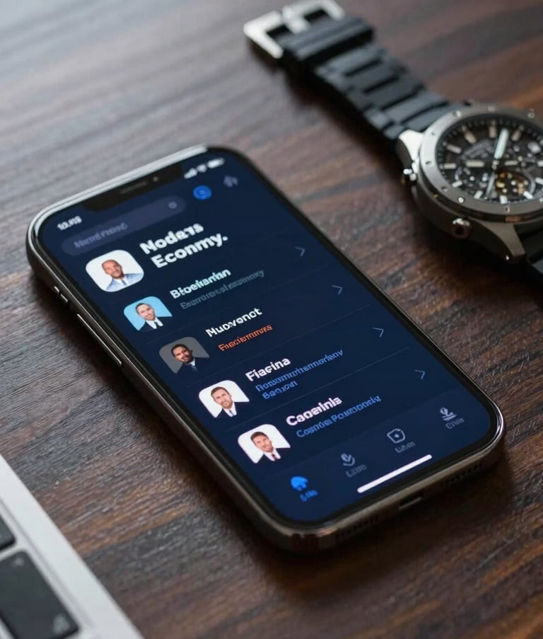 Close-up of a modern smartphone on a sleek dark wood desk, showing a professional finance application with a deep navy interface, next to a premium mechanical watch, representing the modern creator economy.