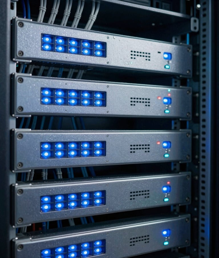 Close-up of organized telecommunications cabling and server racks in a modern Latin American / Spanish data center. Glowing light blue indicators against steel blue and navy equipment, reflecting professional efficiency.