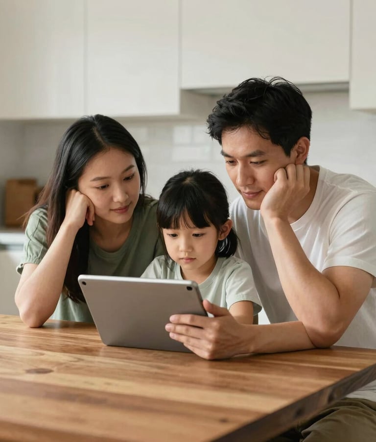 A North American family sitting at a clean wooden kitchen table, looking at a tablet together with expressions of relief and ease. Soft morning light, professional lifestyle photography, using a palette of off-white and medium green.