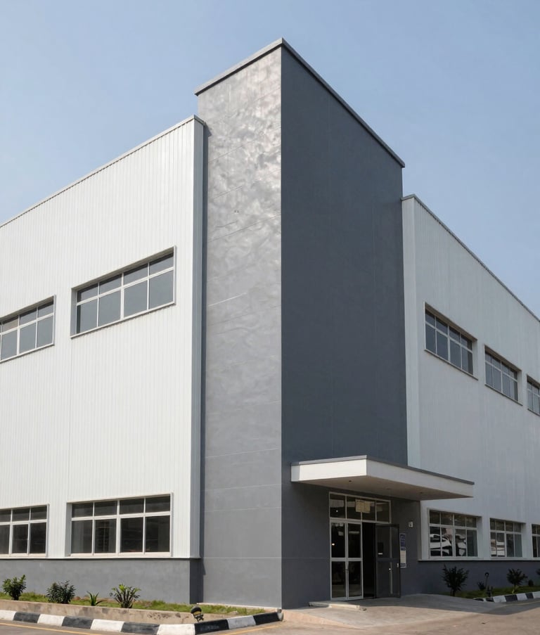 A high-resolution architectural photograph of the Famous Accessories manufacturing facility in Mirpur, Dhaka. The building features a professional industrial facade with Slate Grey and White materials, under a clear, bright sky in a South Asian / International industrial zone.