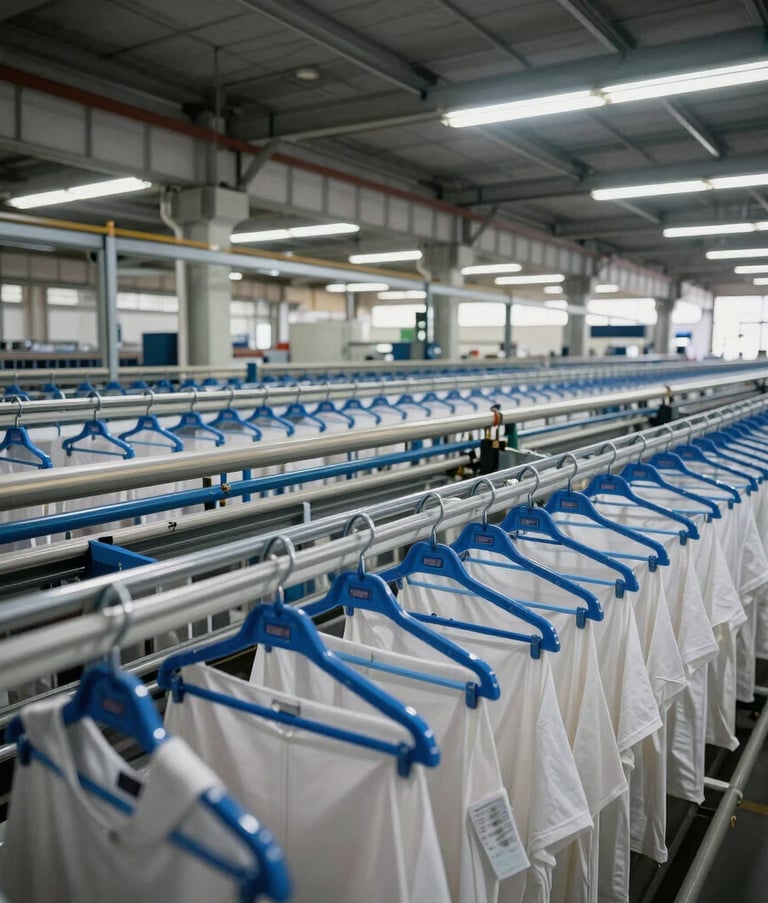 Wide angle photography of an expansive textile production line in Brazil, featuring automated mid blue hanger tracks transporting garments seamlessly under modern industrial architecture.