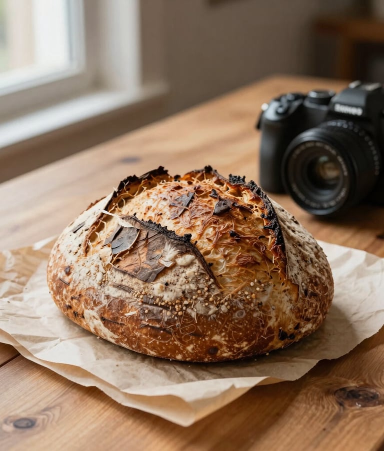 A close-up shot of a rustic sourdough loaf on a parchment-covered table with a modern digital camera nearby, set in a cozy North American artisanal bakery with warm wood textures and soft natural window light.