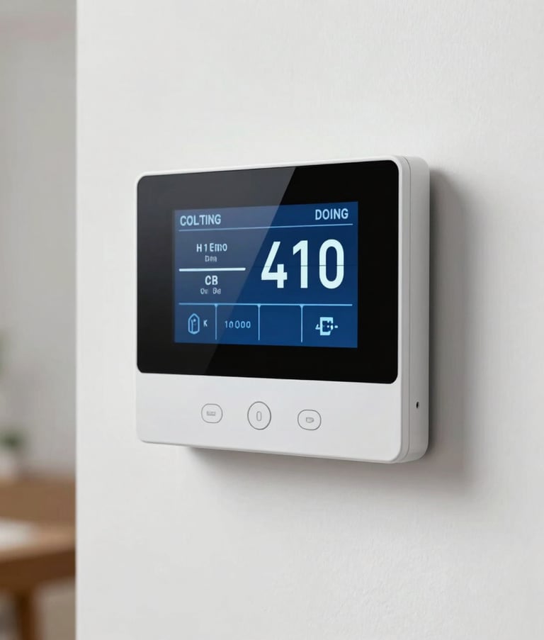 A modern digital thermostat with a sleek interface displaying cooling settings, mounted on a clean white wall in a North American home, emphasizing climate control and smart technology in a professional aesthetic.