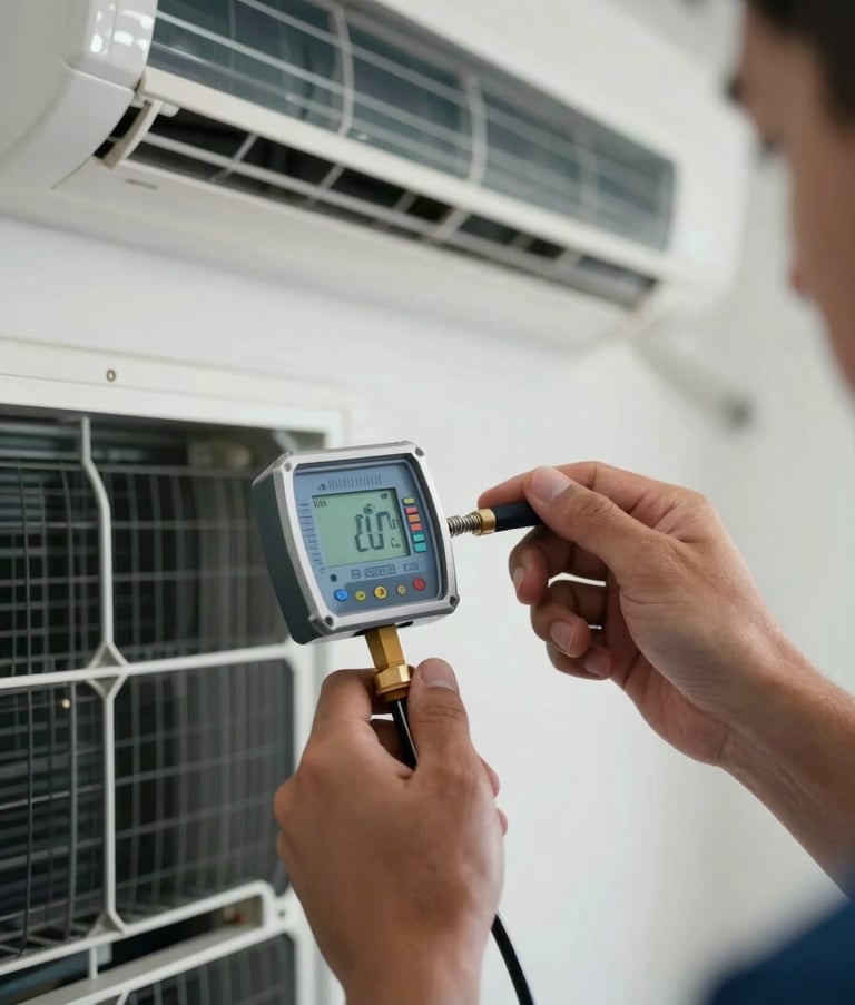 Close-up photography of a professional technician's hands using a digital gauge to check a modern air conditioning unit, bright and clean composition, North American / US - Miami, Florida context.