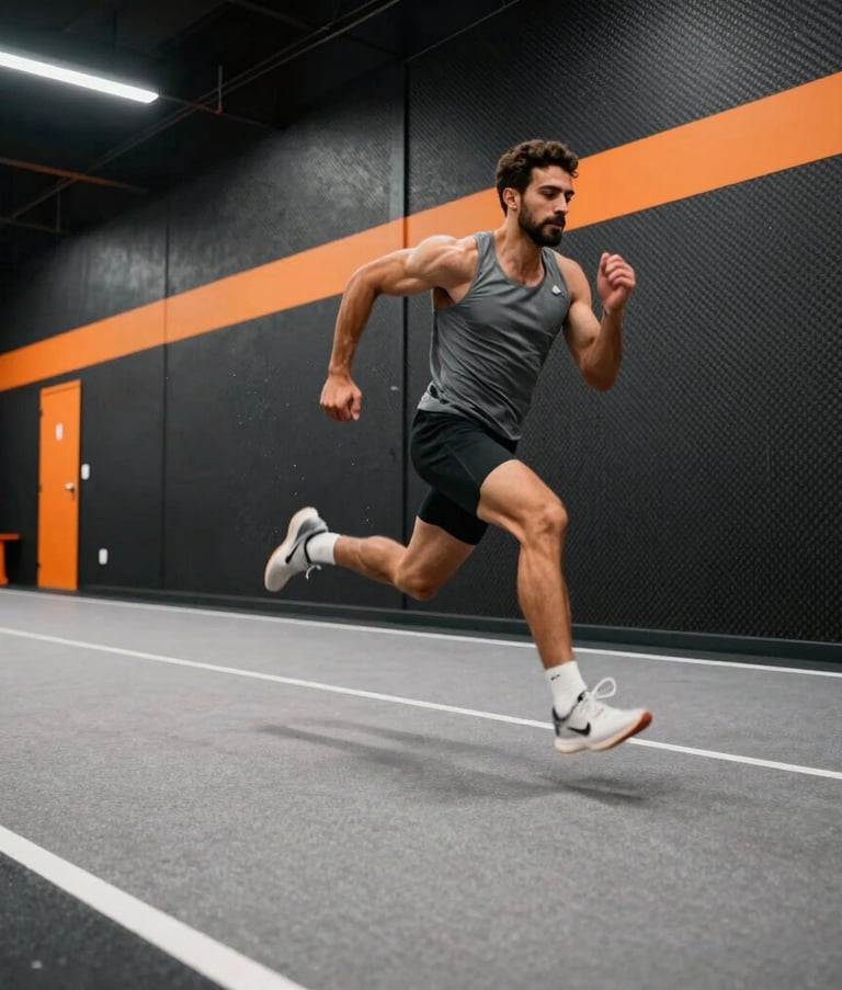 Powerful wide-angle action shot of an athlete sprinting in a modern training facility with Carbon Black walls and Energy Orange accents. Dynamic motion blur, sharp focus on the runner, Global / Spanish-speaking.