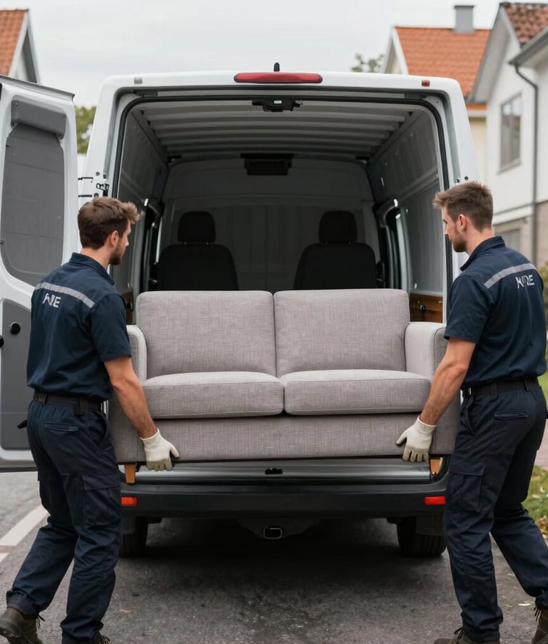 Two professional movers wearing dark navy uniforms and safety gloves carefully carrying a large modern sofa towards an open transport van in a Northern European neighborhood.
