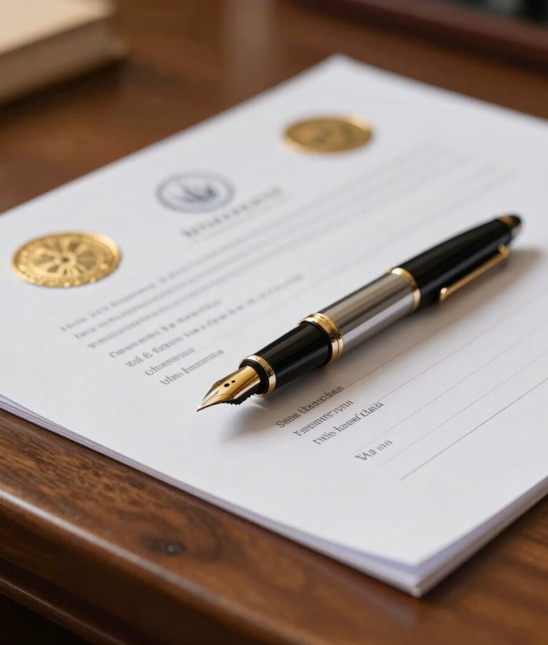 A high-end, close-up photograph of a formal legal setting in India featuring a polished wooden desk, a luxury fountain pen, and official-looking documents with gold seals in a soft, premium light.
