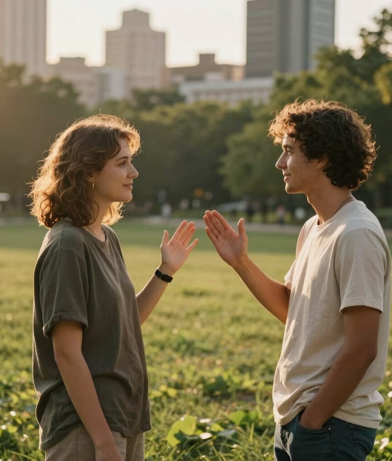 An inspiring photography shot of two people in a North American urban park during the golden hour. The composition is clean and focused on their encouraging interaction, with a backdrop of soft greens and golden ochre sunlight, emphasizing a sense of hope and connection.