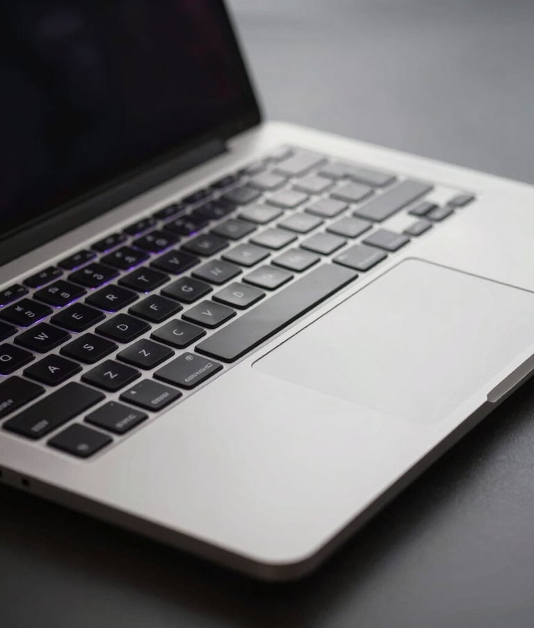 A close-up of a high-end metal laptop keyboard with subtle purple backlighting in a dark, minimalist room, professional and modern, North American / International.