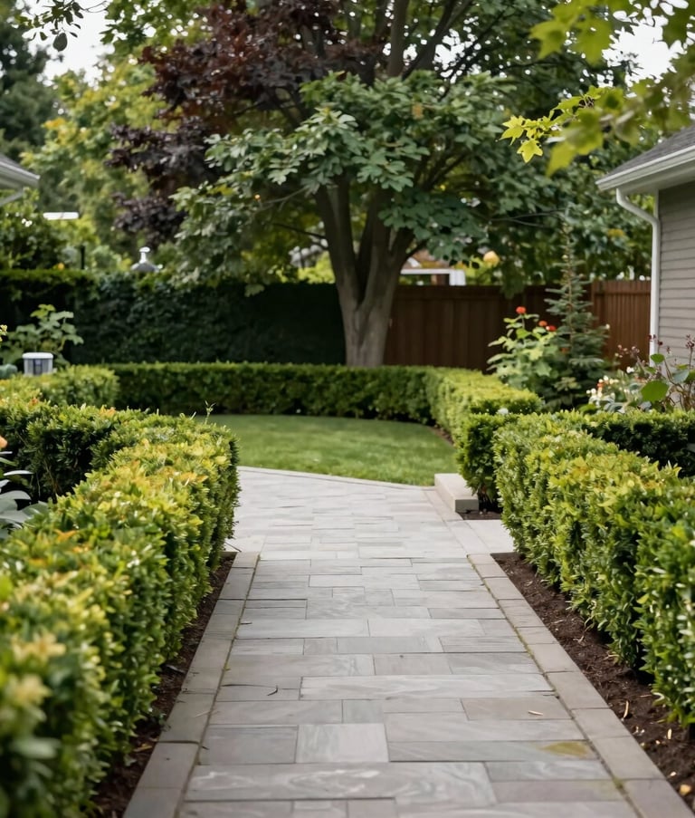 A wide shot of a professionally maintained Canadian front yard with trimmed hedges and a clean stone pathway, deep green trees in the background, bright daylight.