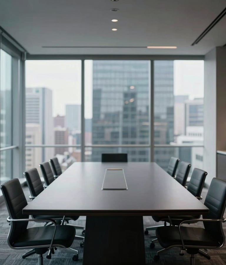 An interior view of a sophisticated conference room in a high-rise building. A long dark navy table is surrounded by minimalist chairs with floor-to-ceiling windows showing a blurred cityscape. The mood is serious and innovative, representative of a North American / International Business environment.
