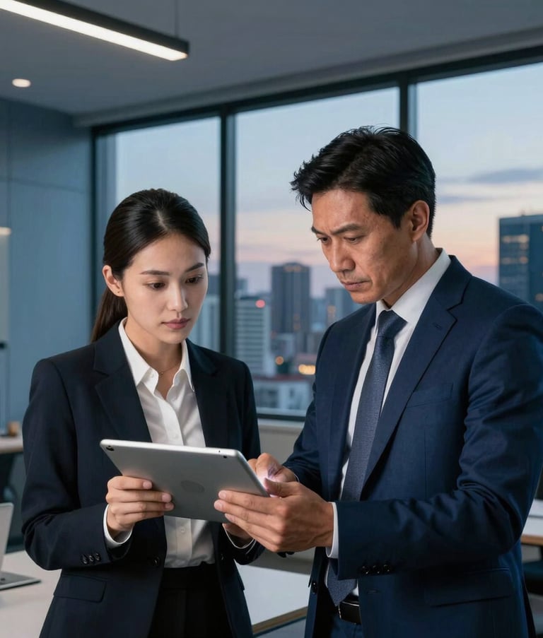 Two legal partners in professional attire discussing a case over a digital tablet in a modern office with steel blue and deep blue accents. A window shows a South American city skyline at twilight. Cinematic lighting.