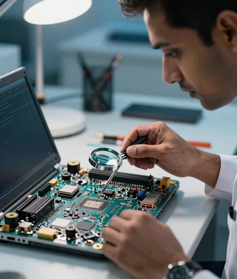 Close-up photography of a technical repair session where a South Asian expert uses a magnifying tool to inspect a complex laptop motherboard. The workshop is organized and modern, lit with professional cool white light, featuring dark blue and light blue tones.