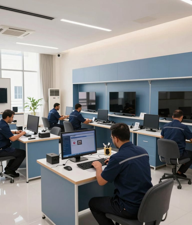 A wide-angle professional photograph of a tidy, modern television repair facility in Al Nahda, Dubai. Several technicians in professional uniforms are working at separate stations under bright, natural light. Middle Eastern / Gulf architecture and interior design, featuring clean lines and a palette of slate blue and dark navy.