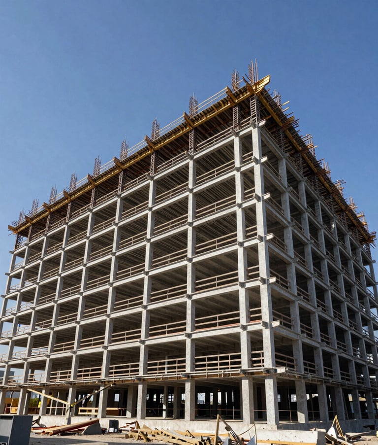 Wide-angle architectural photography of a modern commercial development under construction in Guadalajara, Mexico. The image captures the impressive structural steel skeleton against a clear blue sky, emphasizing technical precision.